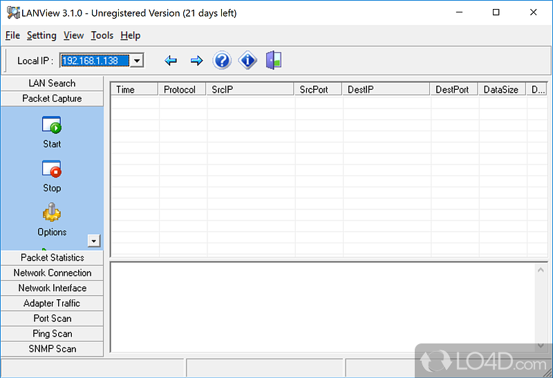 LAN searches and packet capturing options - Screenshot of LANView