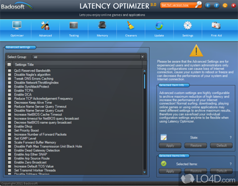 For the users who want to improve the quality of the Internet connection in order to play online games - Screenshot of Latency Optimizer