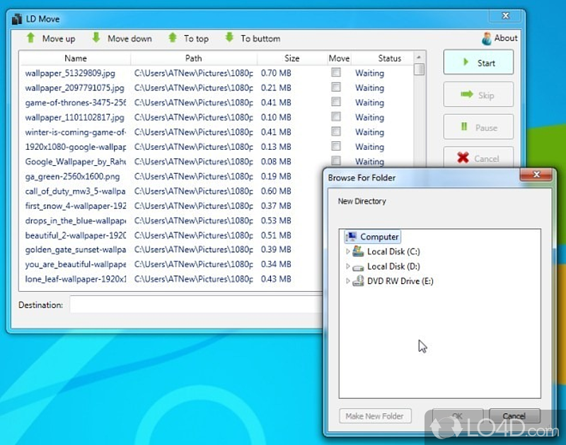 Which can easily copy or move files from one location to another, with pause and resume capabilities - Screenshot of LD Move