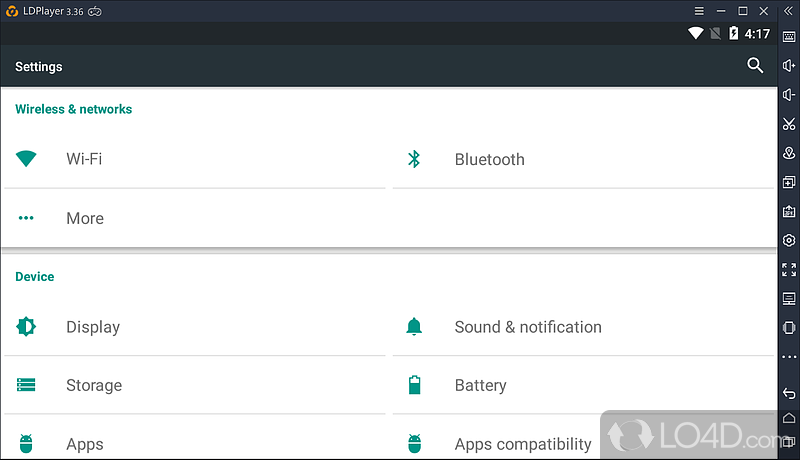 A number of settings are available from Wi-Fi and Bluetooth activation to modification of the display and battery - Screenshot of LDPlayer