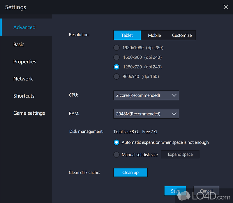 Toggle tablet or phone mode with resolution settings, CPU core emulation and the amount of RAM allocated - Screenshot of LDPlayer