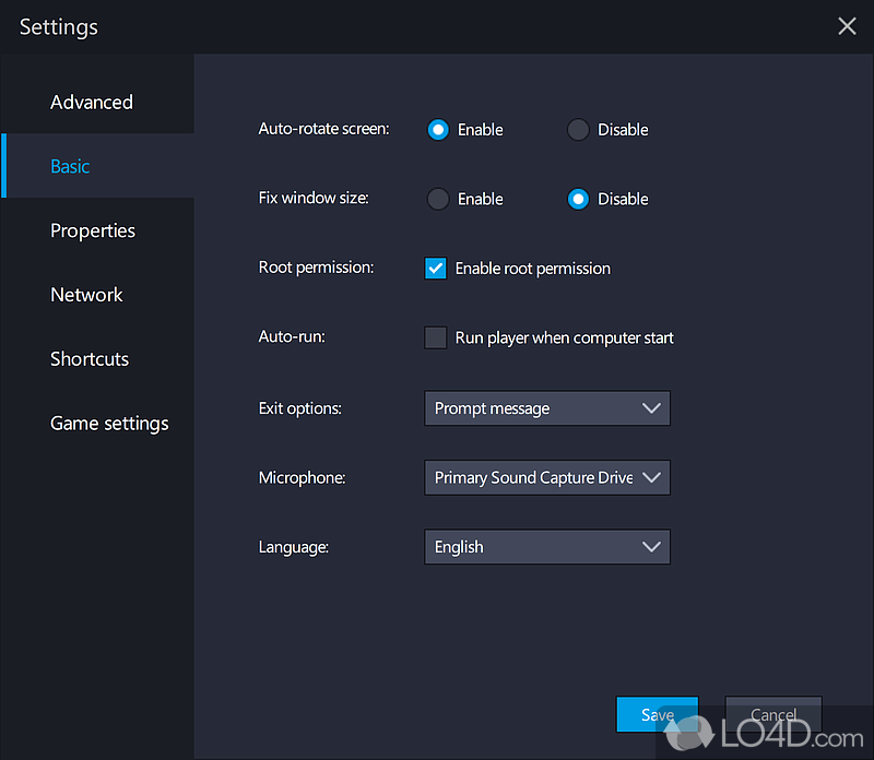 Screen rotation settings, window size, root activation and auto-run settings - Screenshot of LDPlayer