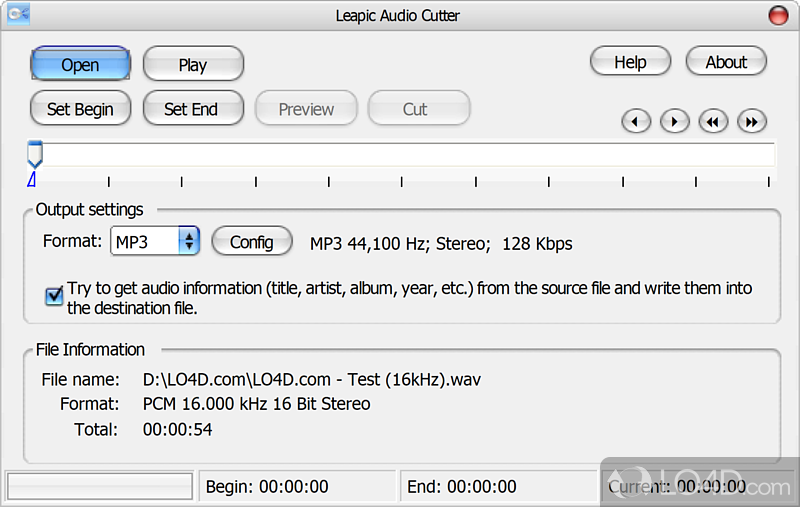 Audio editor that can cut and convert files, while also allowing you to pre-listen the selection using its built-in audio player - Screenshot of Leapic Audio Cutter