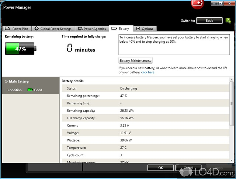 Provides power management options on Lenovo/ThinkPad systems - Screenshot of Lenovo Power Management Driver