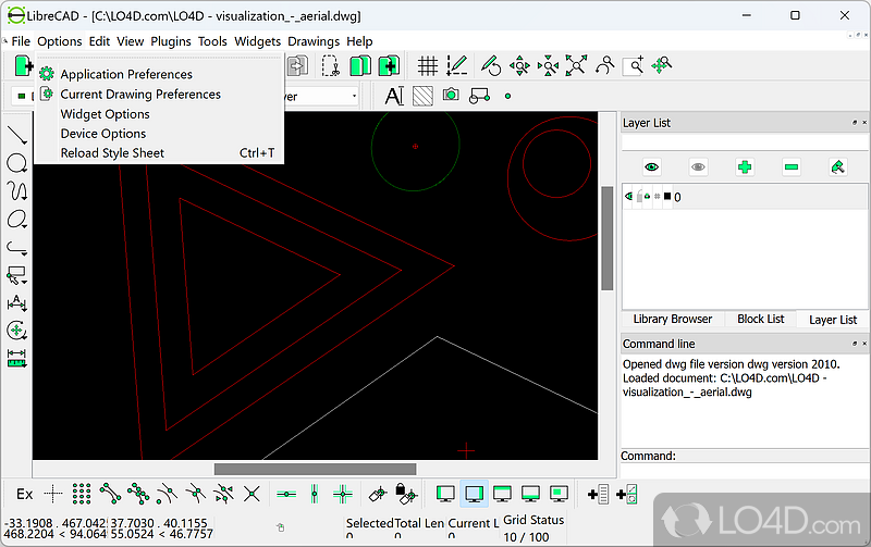 Editing and drawing options - Screenshot of LibreCAD
