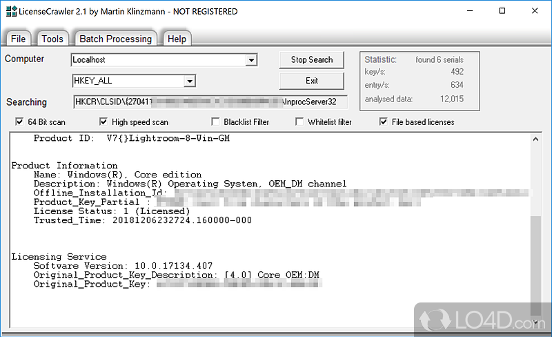 Scan the Windows Registry for Windows product keys - Screenshot of LicenseCrawler