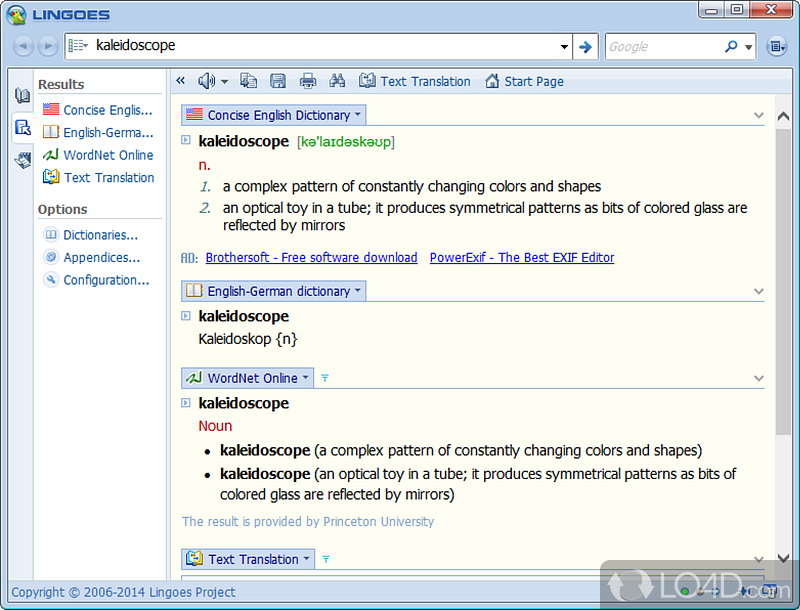 Dictionary & text translation software - Screenshot of Lingoes