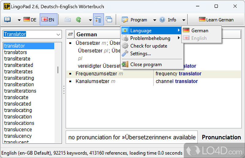 Customizable English-German dictionary - Screenshot of LingoPad