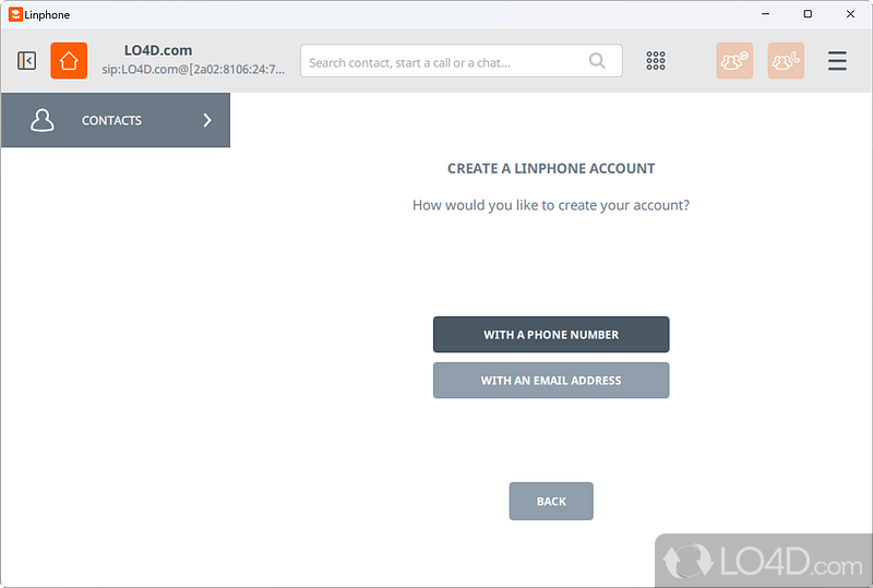 Enables you to create a Linphone account either with your email address or your physical phone number - Screenshot of Linphone
