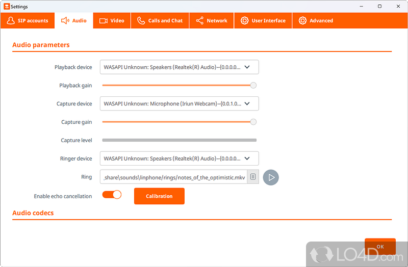 Configuring the audio - Screenshot of Linphone