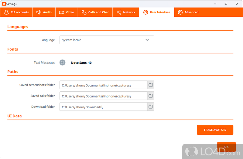 Customization of the user interface and language - Screenshot of Linphone