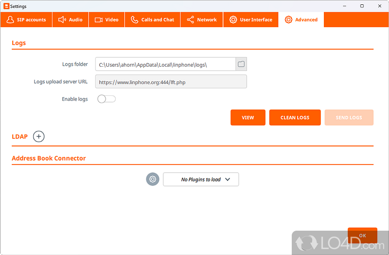 Configuring logging and the address book connector - Screenshot of Linphone