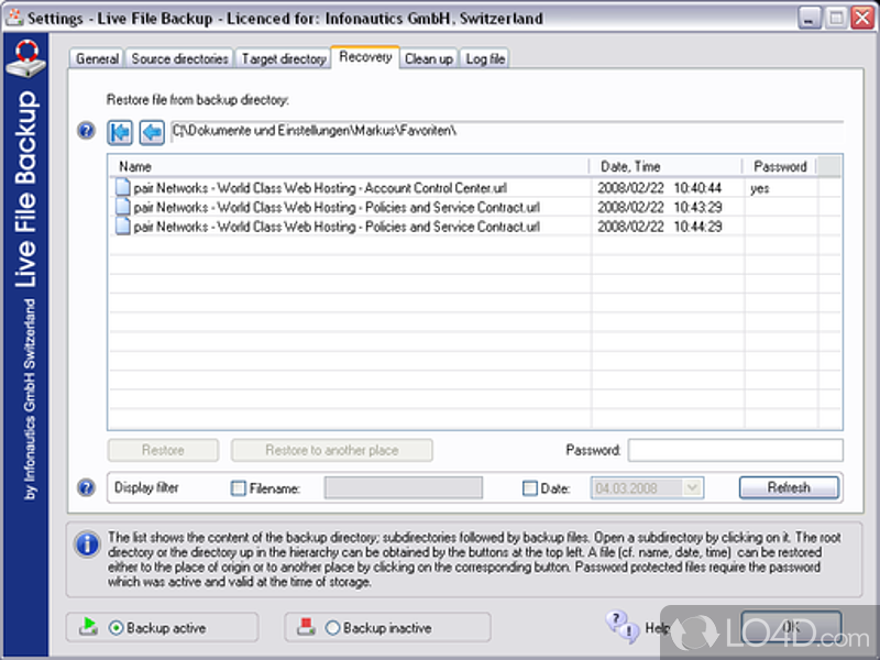 Backup software continuous data protection - Screenshot of Live File Backup