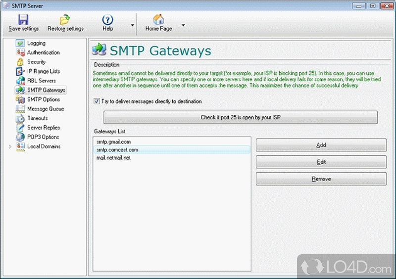 Bypass all the SMTP server restrictions imposed by Internet provider by creating own personalized SMTP - Screenshot of Local SMTP Server Pro