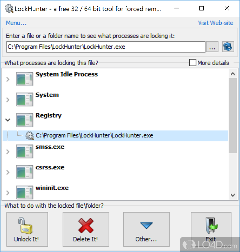 Onlock and delete locked files - Screenshot of LockHunter