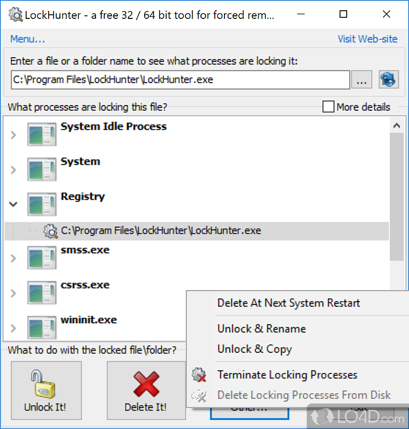 Delete locked files in Windows - Screenshot of LockHunter