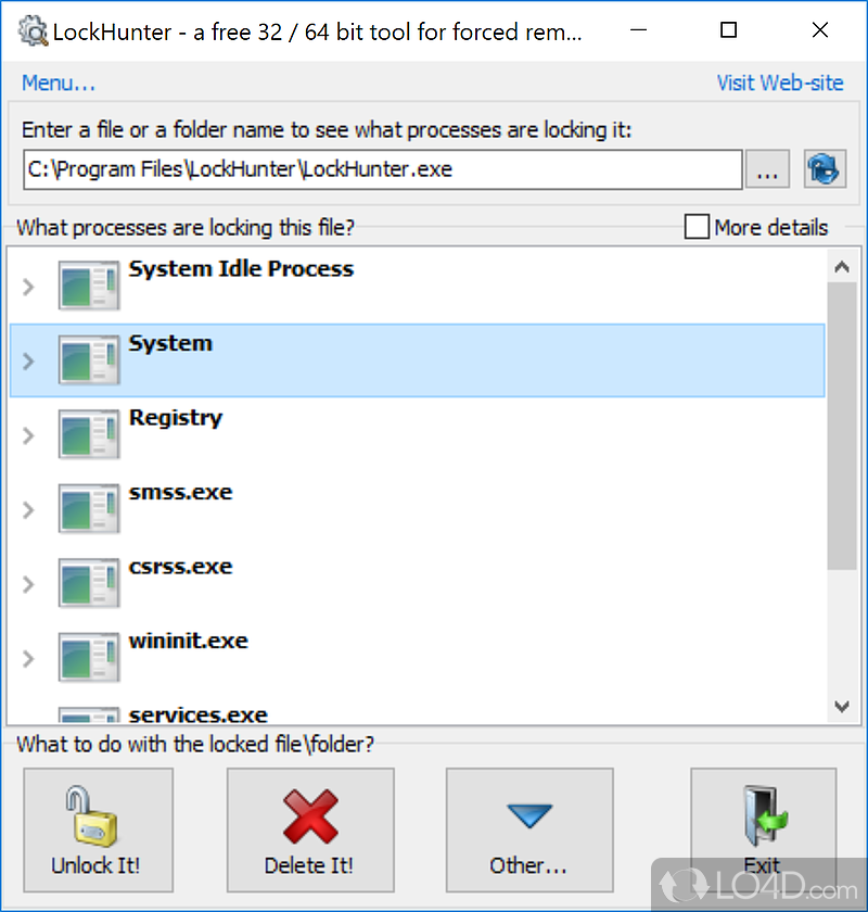 Remove locked files from the computer, unlock the selected items - Screenshot of LockHunter