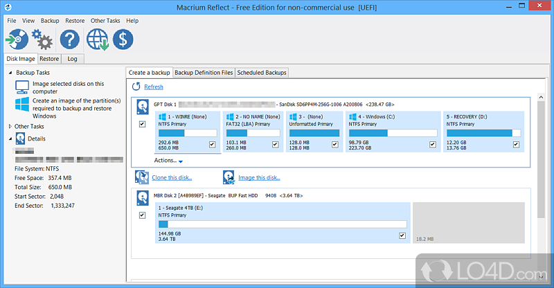 Create an exact image of partitions on hard disk in order to easily recover from system failures without loosing important data - Screenshot of Macrium Reflect Free