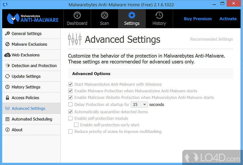 Advanced scanner configuration - Screenshot of Malwarebytes