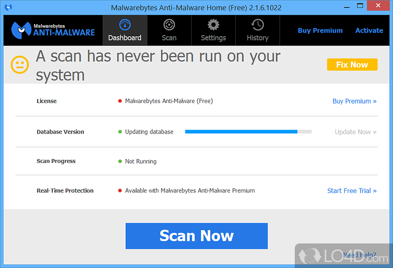 Anti-malware app with basic protection against viruses, spyware, adware - Screenshot of Malwarebytes