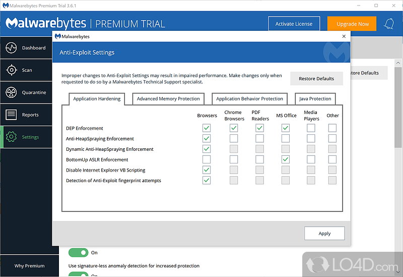 Real-time scanning and scheduling are limited to the premium version - Screenshot of Malwarebytes Premium