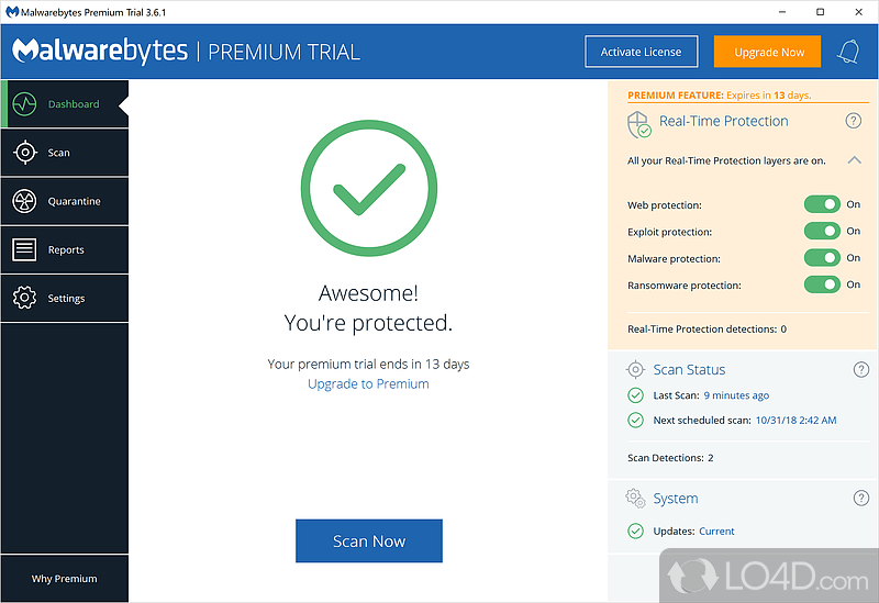 Benefit from real-time protection against a wide range of malware threats, such as viruses, rootkits, trojans - Screenshot of Malwarebytes Premium