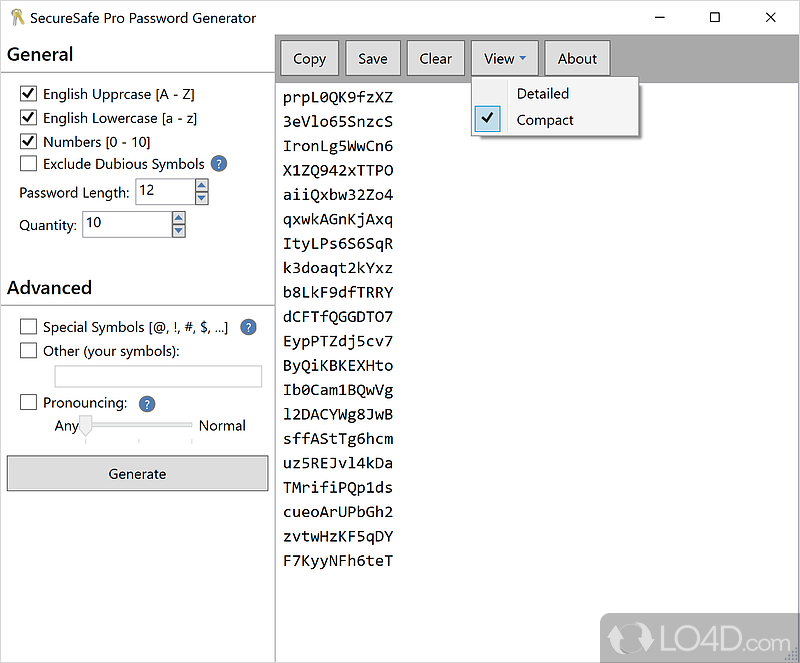 Setup, prerequisites, and interface - Screenshot of SecureSafe Password Generator