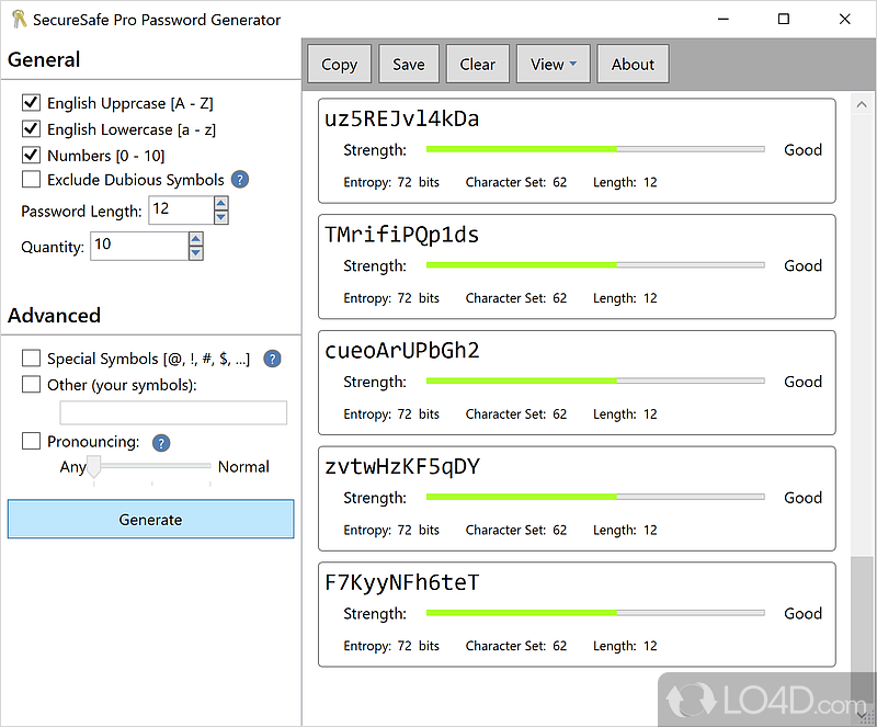 Generate random passwords based on specified criteria, such as length, letter case, symbols - Screenshot of SecureSafe Password Generator