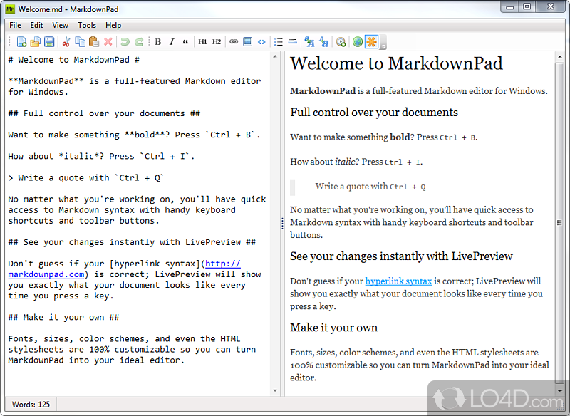 HTML editor that offers support for syntax highlighting, live previewing, preset HTML blocks, custom CSS, full screen mode - Screenshot of MarkdownPad