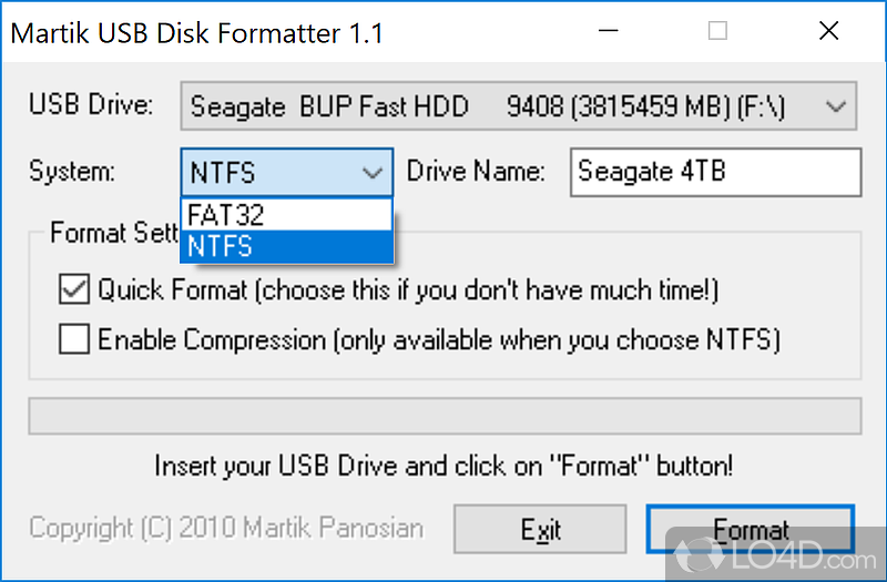 Martik USB Disk Formatter: User interface - Screenshot of Martik USB Disk Formatter