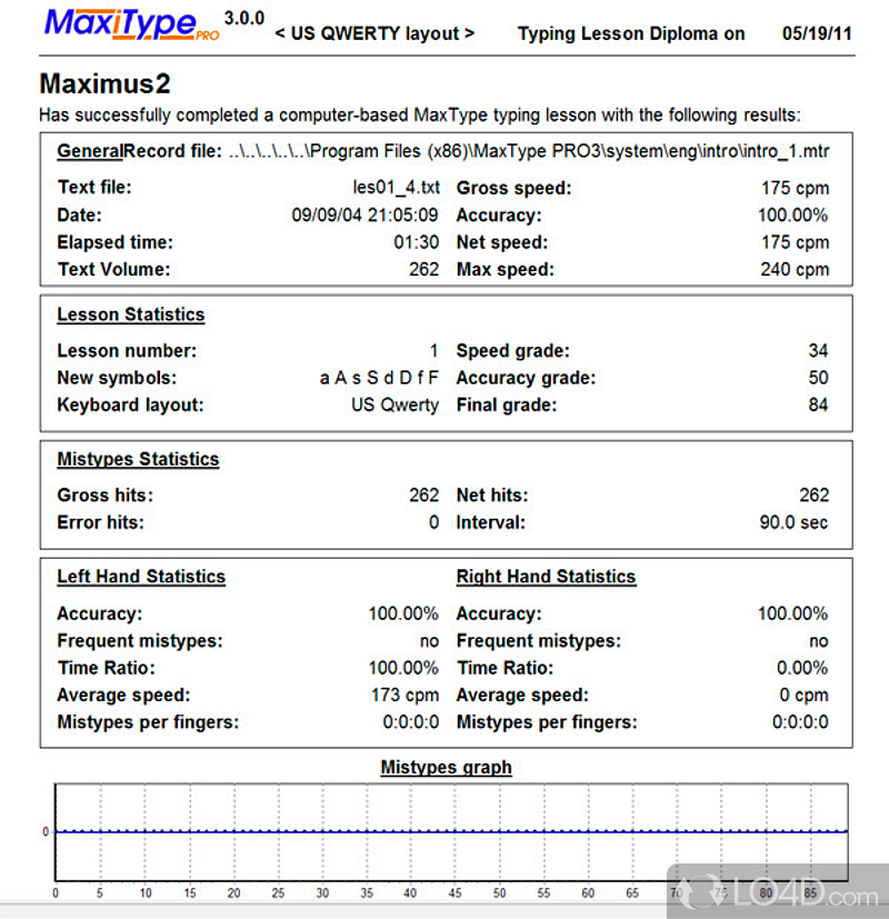 MaxType Typing Tutor: User interface - Screenshot of MaxType Typing Tutor