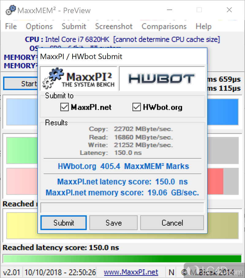 Benchmark the memory (RAM) installed on PC - Screenshot of MaxxMEM2