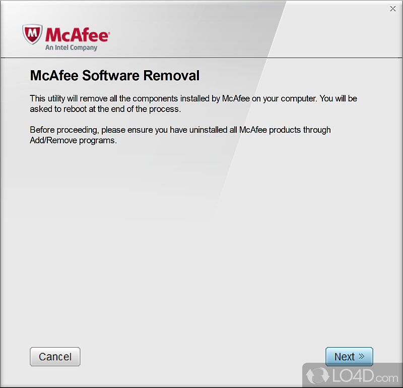 Piece of software designed to remove McAfee apps installed on computer following several built-in steps - Screenshot of McAfee Consumer Product Removal Tool