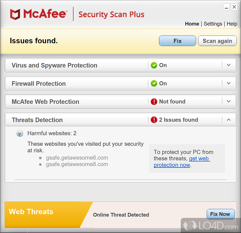 Checks for web protection modules and identifies current threats - Screenshot of McAfee Security Scan Plus