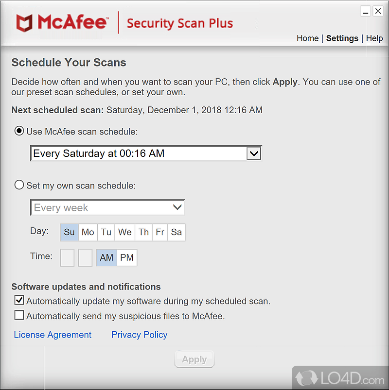 On-demand and scheduled scans of your PC - Screenshot of McAfee Security Scan Plus