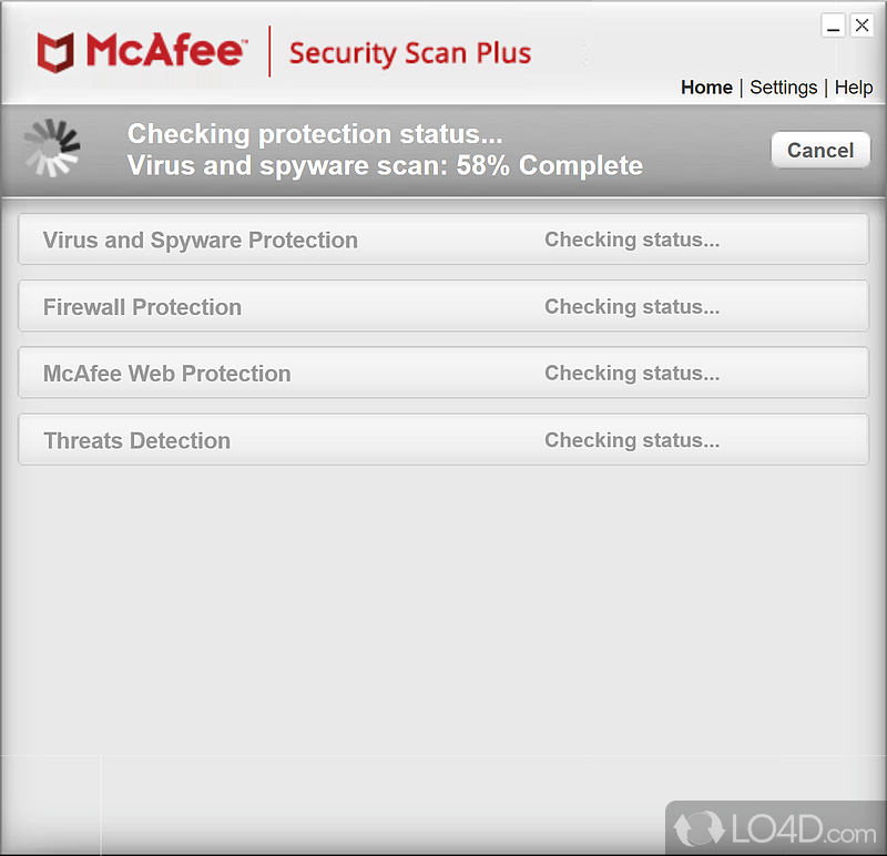 Checks computer for antivirus and anti-spyware utilities, firewall protection, web security, and threats in open apps - Screenshot of McAfee Security Scan Plus