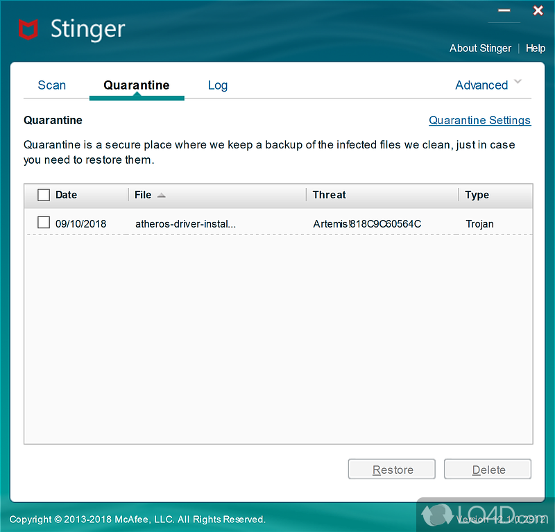 Identifies and quarantines malware - Screenshot of Trellix Stinger