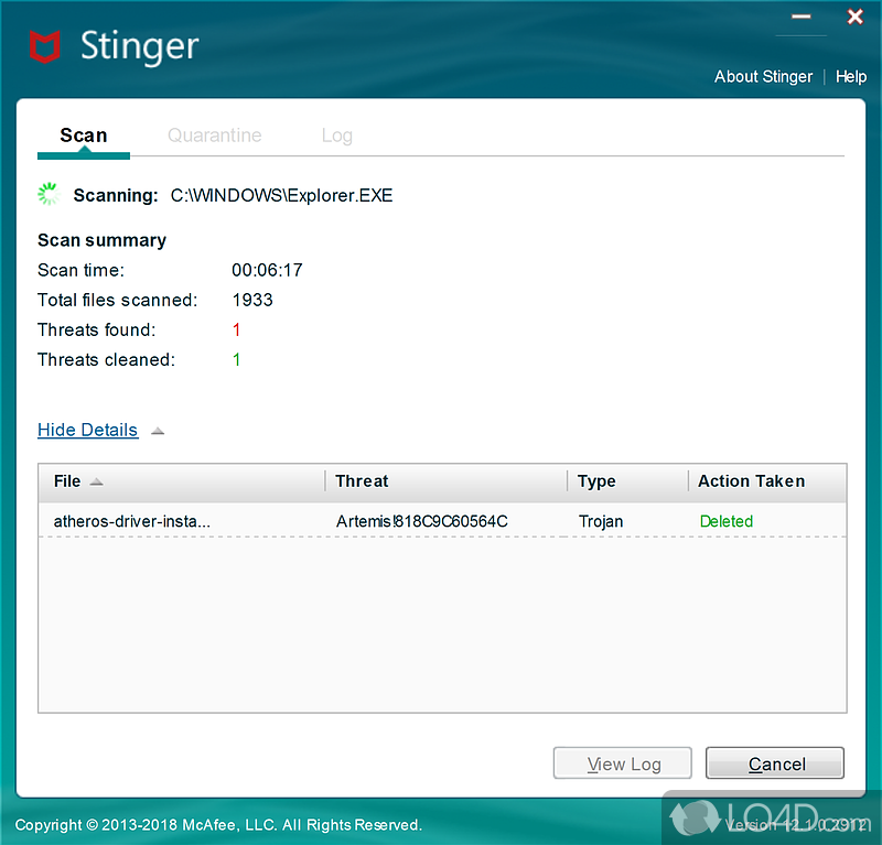 Detect and remove specific viruses - Screenshot of McAfee Stinger Portable