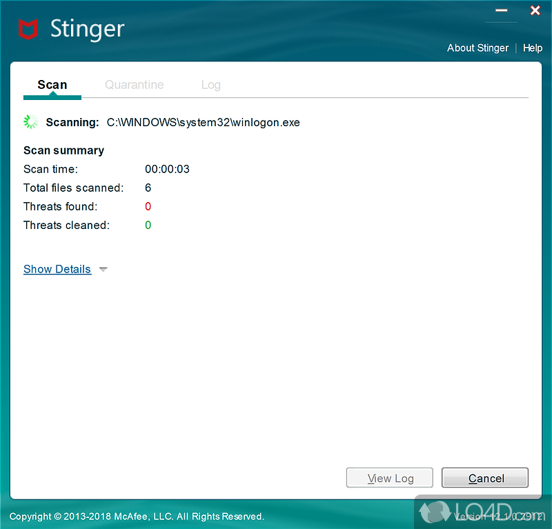 Provides users with a rapid and method for eliminating viruses and malware - Screenshot of McAfee Stinger Portable