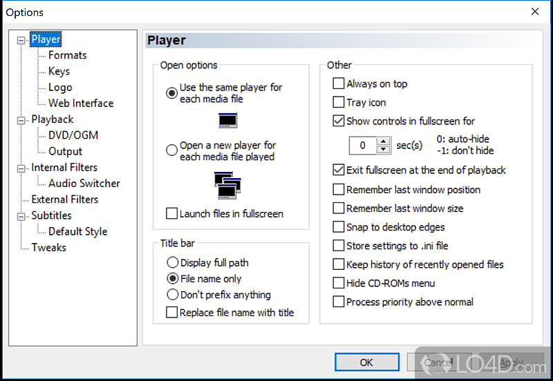 Quick access to several elements and preview sections - Screenshot of Media Player Classic