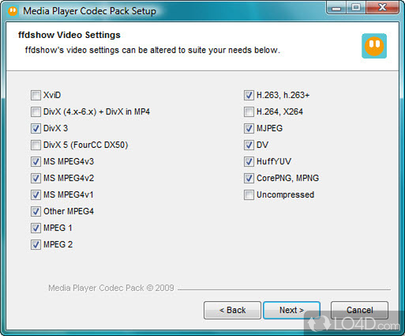 Select the desired components and codecs during the installation - Screenshot of Media Player Codec Pack