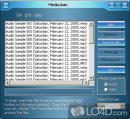 Join MPG, MPEG, MP3, WAV and other files into one - Screenshot of MediaJoin