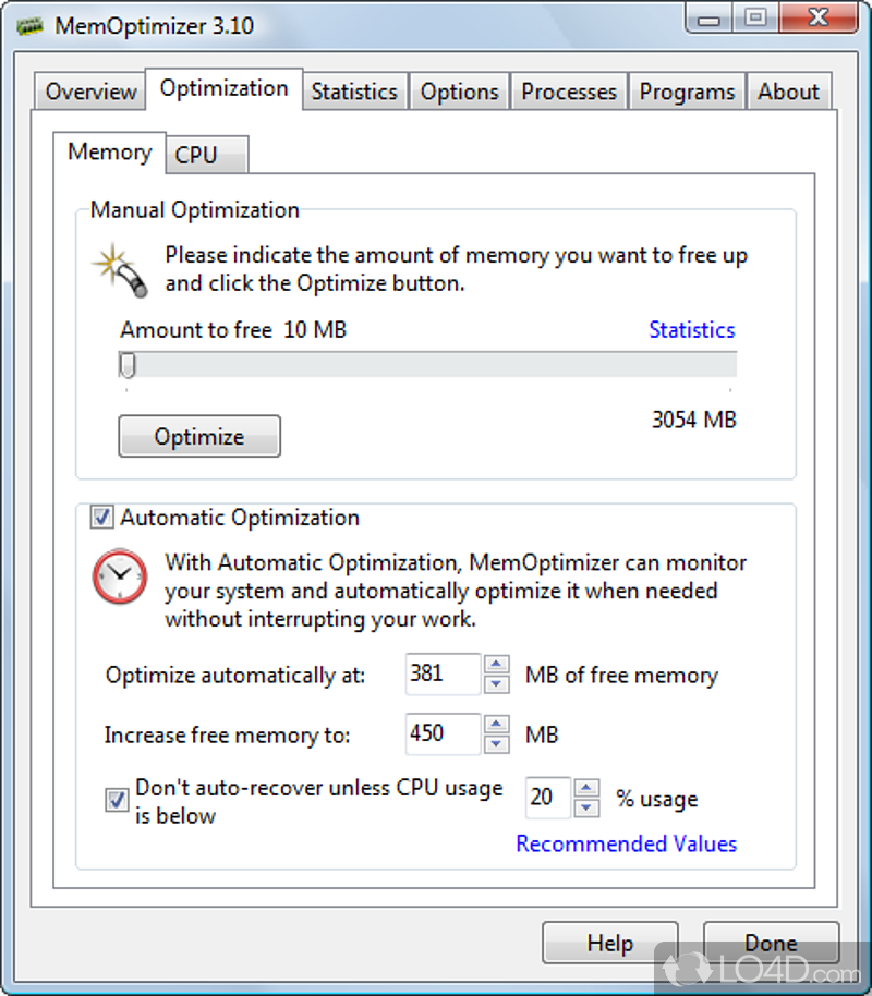 Improve your system's performance - Screenshot of MemOptimizer