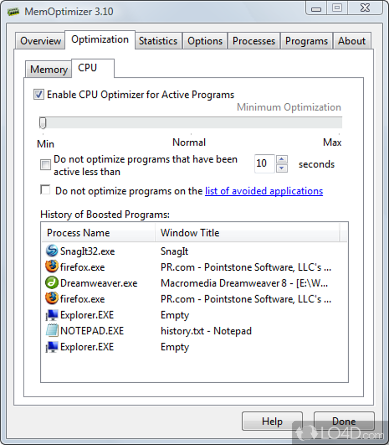 Prevent crashes and improve system's performance by freeing up unused RAM - Screenshot of MemOptimizer