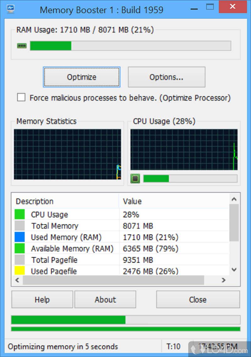 Software solution that monitors the RAM and CPU usage levels - Screenshot of Memory Booster