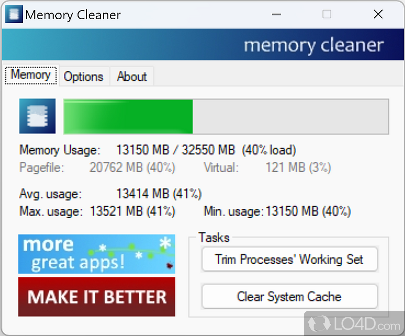 Monitors the RAM usage on system and allows you to trim the processes' working set or clear the system cache to memory - Screenshot of Memory Cleaner