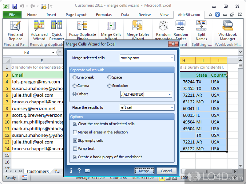 Easy-to-use add-in that will integrate well with Microsoft Office Excel’s ribbon menu - Screenshot of Merge Cells Wizard