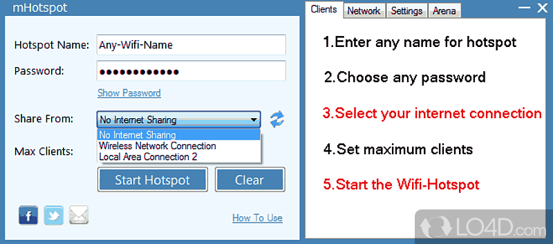 Make a hotspot from computer and share WiFi internet - Screenshot of mHotspot