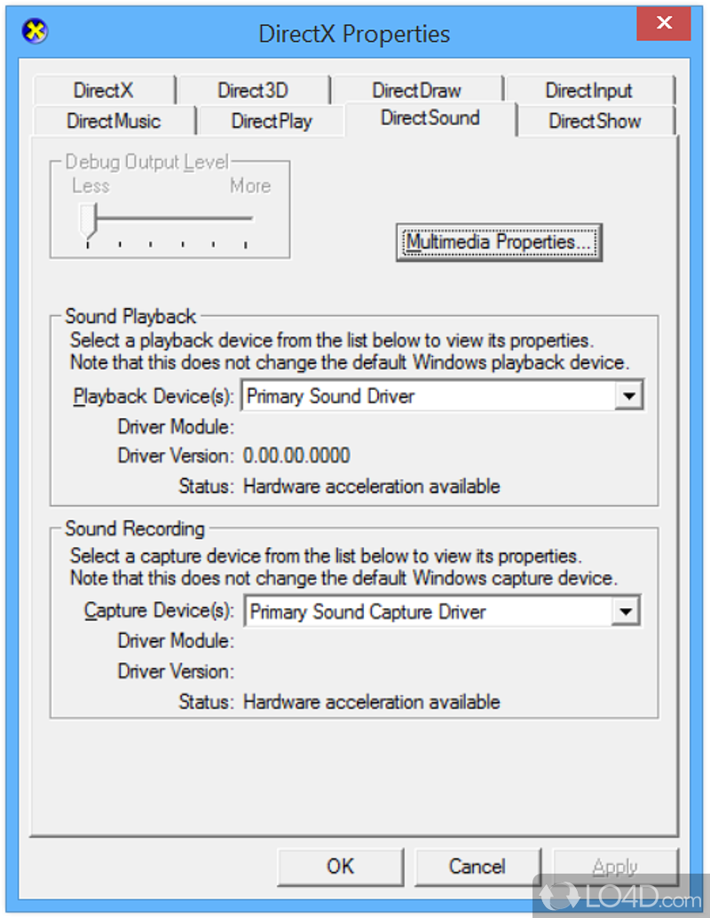 Accesses settings of the DirectX component in Windows from Control Panel - Screenshot of DirectX Control Panel