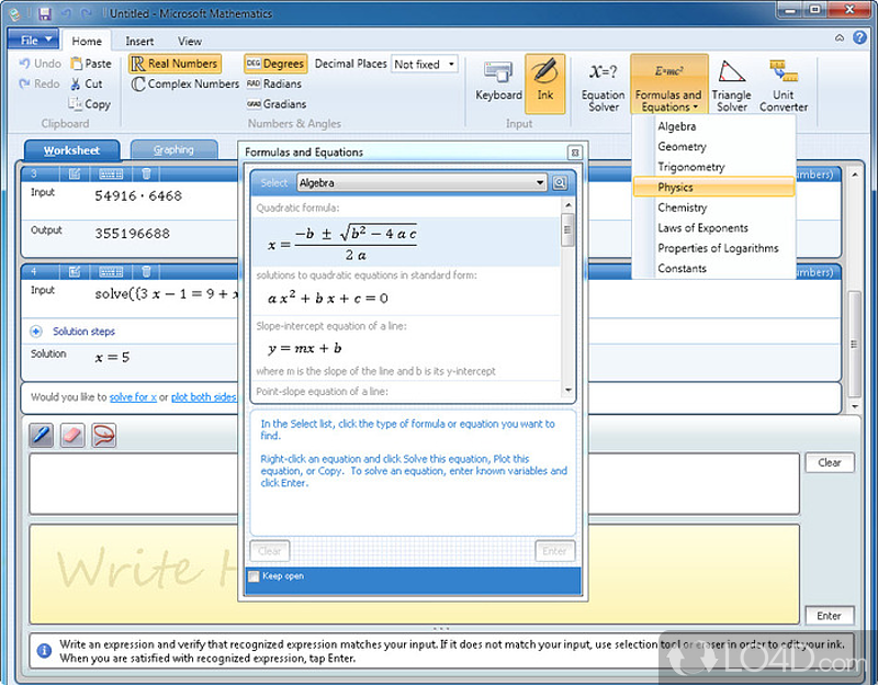 List of formulas and equations - Screenshot of Microsoft Mathematics